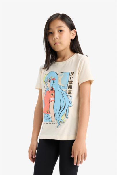 T-shirt imprimé Anime à col rond et manches courtes pour fille