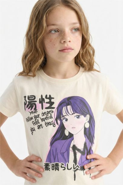 Girl Regular Fit Crew Neck Anime Print T-Shirt