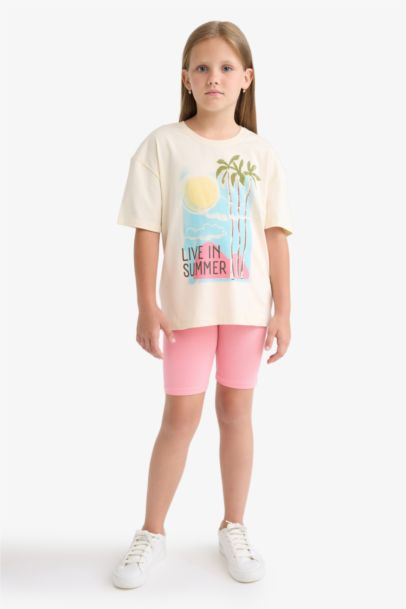 Relax Fit Bisiklet Yaka Baskılı Kısa Kollu Tişört Kız Çocuk