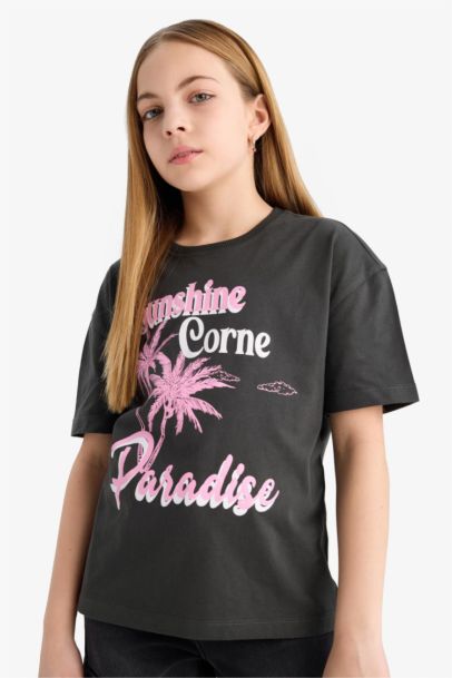 Relax Fit Bisiklet Yaka Baskılı Kısa Kollu Tişört Kız Çocuk