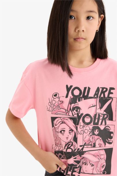 Girl Relax Fit Crew Neck Printed Short Sleeve T-Shirt