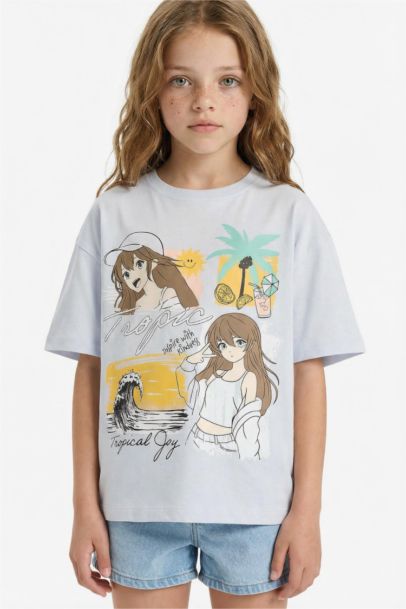 Oversize Geniş Kalıp Bisiklet Yaka Baskılı Kısa Kollu Tişört Kız Çocuk