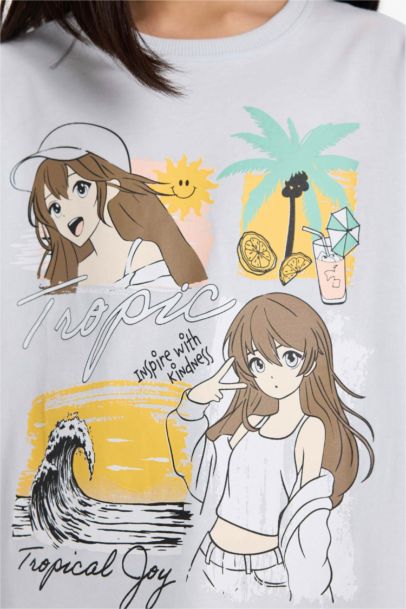 Oversize Geniş Kalıp Bisiklet Yaka Baskılı Kısa Kollu Tişört Kız Çocuk