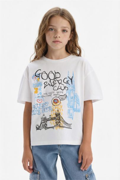 Girl Oversize Fit Crew Neck Slogan Printed T-Shirt