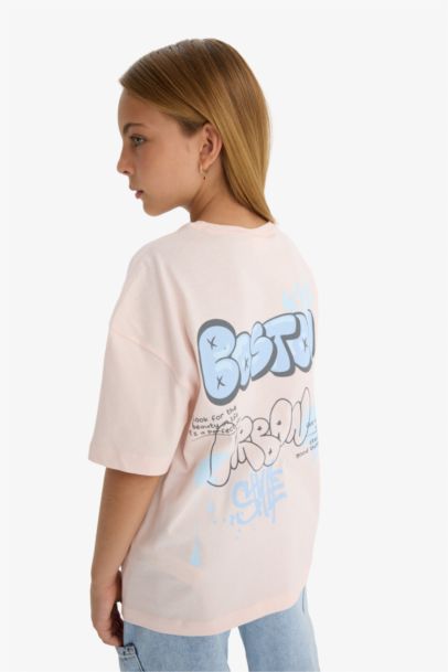 Girl Oversize Fit Crew Neck Slogan Printed T-Shirt