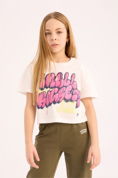 Boxy Fit Bisiklet Yaka Baskılı Kısa Kollu Tişört Kız Çocuk