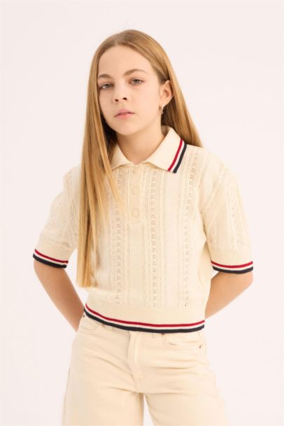 Cropped Fit Polo Yaka Triko Kazak Kız Çocuk