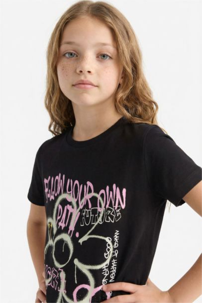 Bisiklet Yaka Baskılı Kısa Kollu Tişört Kız Çocuk