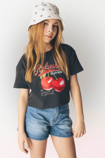 Girl Crew Neck Slogan Printed Short Sleeve T-shirt