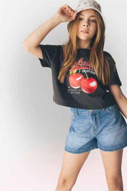 Girl Crew Neck Slogan Printed Short Sleeve T-shirt