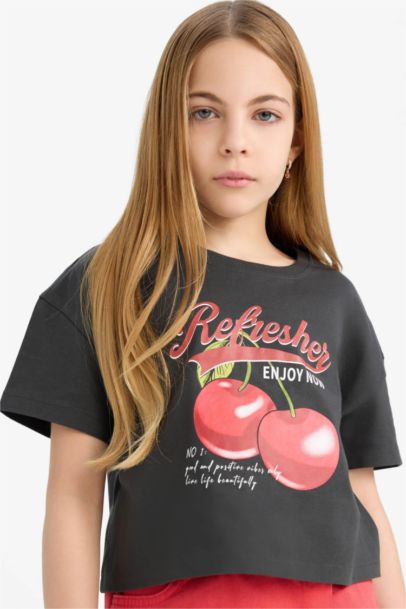 Girl Crew Neck Slogan Printed Short Sleeve T-shirt