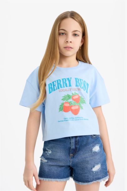 Girl Crew Neck Slogan Printed Short Sleeve T-shirt