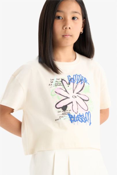 Bisiklet Yaka Baskılı Kısa Kollu Tişört Kız Çocuk