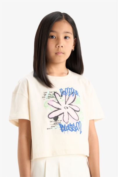 Bisiklet Yaka Baskılı Kısa Kollu Tişört Kız Çocuk