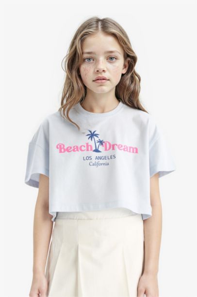 Crop Bisiklet Yaka Baskılı Kısa Kollu Tişört Kız Çocuk