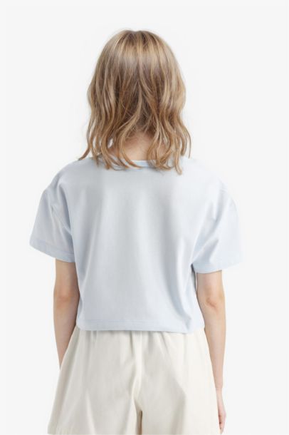 Crop Bisiklet Yaka Baskılı Kısa Kollu Tişört Kız Çocuk