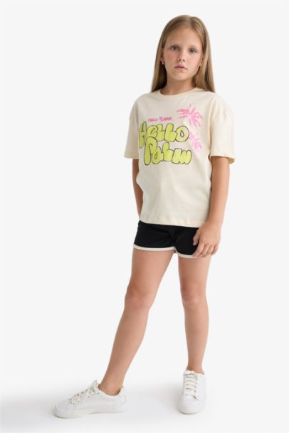 Relax Fit Baskılı Bisiklet Yaka Kısa Kollu Tişört Kız Çocuk