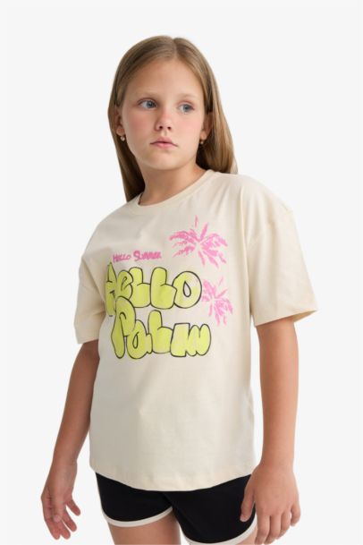 Relax Fit Baskılı Bisiklet Yaka Kısa Kollu Tişört Kız Çocuk