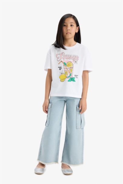 Relax Fit Bisiklet Yaka Baskılı Kısa Kollu Tişört Kız Çocuk