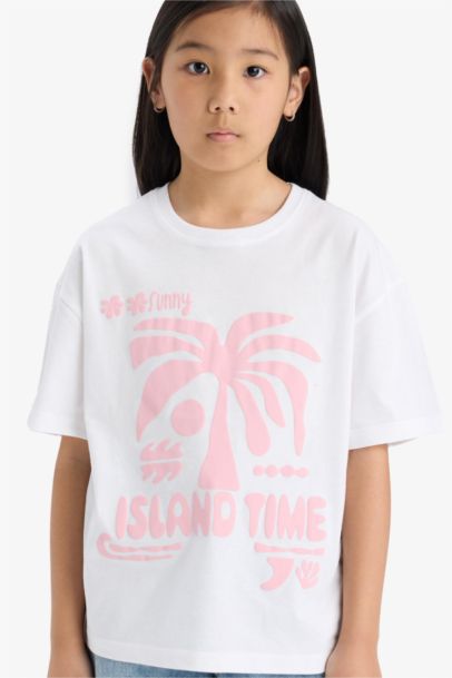 Oversize Geniş Kalıp Bisiklet Yaka Baskılı Kısa Kollu Tişört Kız Çocuk