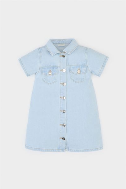 فستان جينز قصة عادية كم طويل برقبة بالدانتيل