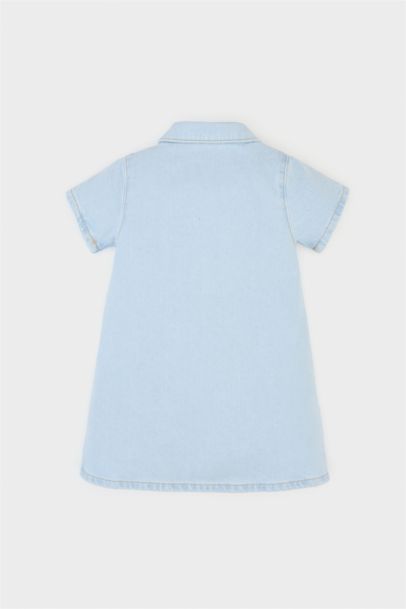 فستان جينز قصة عادية كم طويل برقبة بالدانتيل