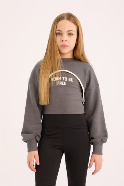 Crop Bisiklet Yaka Baskılı Sweatshirt Kız Çocuk