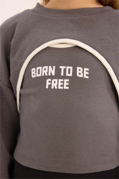 Crop Bisiklet Yaka Baskılı Sweatshirt Kız Çocuk