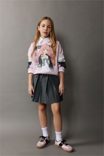 Relax Fit Bisiklet Yaka Baskılı Sweatshirt Kız Çocuk