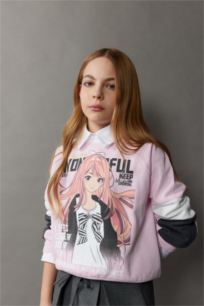 Relax Fit Bisiklet Yaka Baskılı Sweatshirt Kız Çocuk