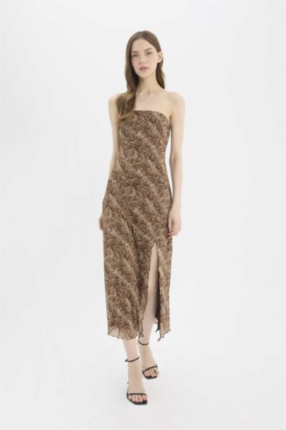 Strapless Animal Print Tulle Maxi Dress