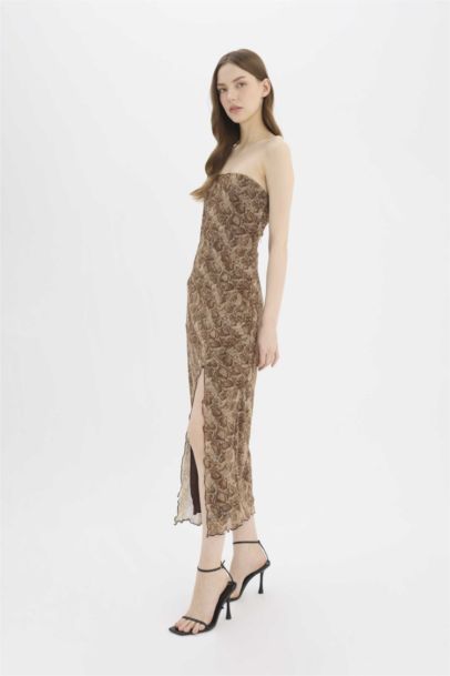 Strapless Animal Print Tulle Maxi Dress