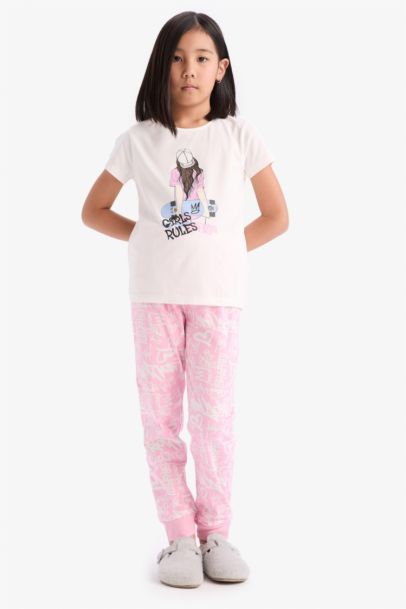 Pijama Takımı Baskılı Kısa Kollu Üst Uzun Alt Kız Çocuk