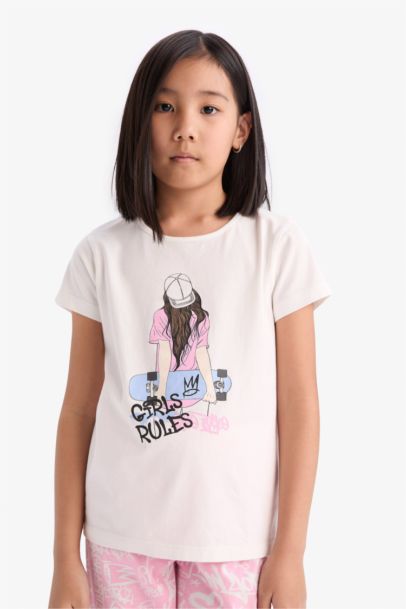 Pijama Takımı Baskılı Kısa Kollu Üst Uzun Alt Kız Çocuk