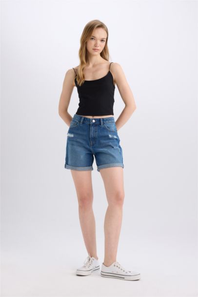 Boyfriend High Waist Folded Leg Denim Shorts