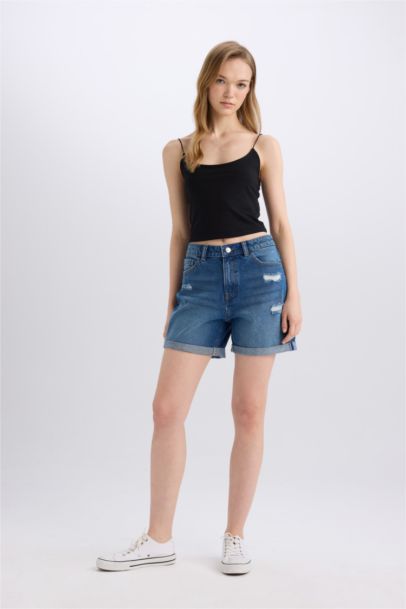 Boyfriend High Waist Folded Leg Denim Shorts