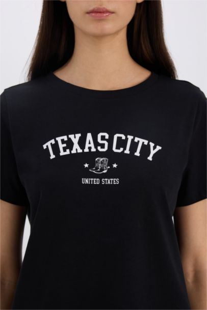 Regular Fit Bisiklet Yaka Baskılı Penye Kısa Kollu Tişört