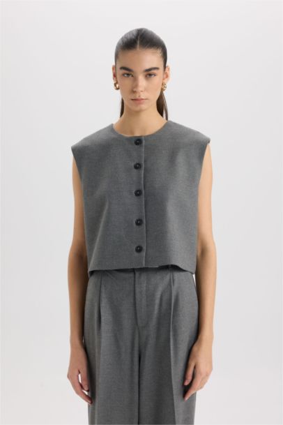 Crew Neck Basic Buttoned Blazer Vest