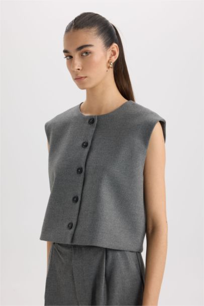 Crew Neck Basic Buttoned Blazer Vest