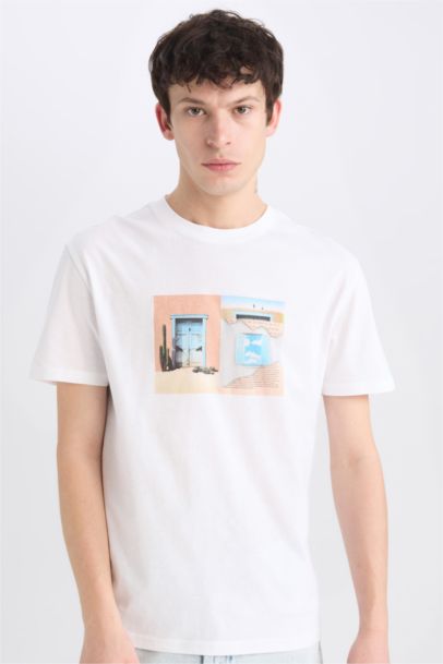 %100 Pamuk Regular Fit Bisiklet Yaka Baskılı Kısa Kollu Tişört