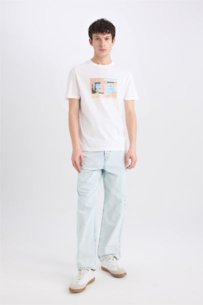 %100 Pamuk Regular Fit Bisiklet Yaka Baskılı Kısa Kollu Tişört