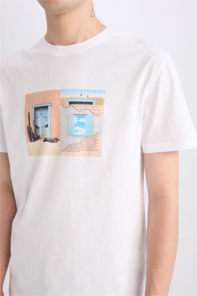 %100 Pamuk Regular Fit Bisiklet Yaka Baskılı Kısa Kollu Tişört