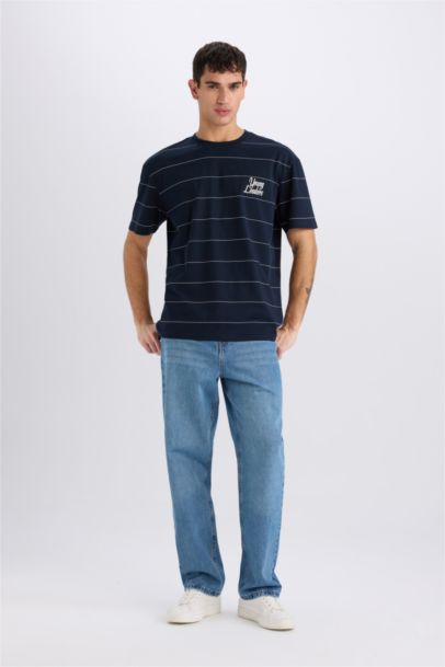 %100 Pamuk Boxy Fit Bisiklet Yaka Baskılı Kısa Kollu Tişört