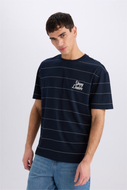 %100 Pamuk Boxy Fit Bisiklet Yaka Baskılı Kısa Kollu Tişört