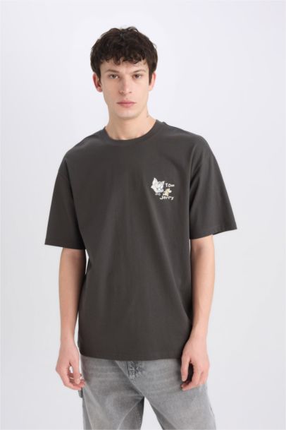 %100 Pamuk Tom & Jerry Boxy Fit Bisiklet Yaka Sırt Baskılı Kısa Kollu Tişört