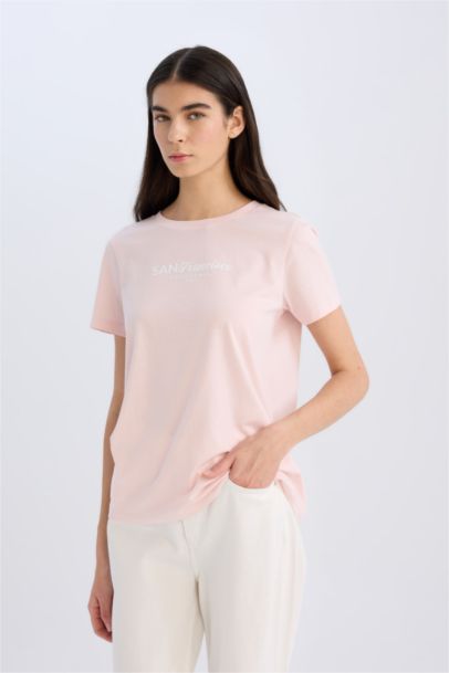 Regular Fit Crew Neck Slogan Printed Casual T-Shirt