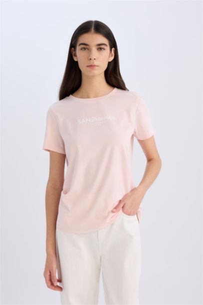 Regular Fit Crew Neck Slogan Printed Casual T-Shirt