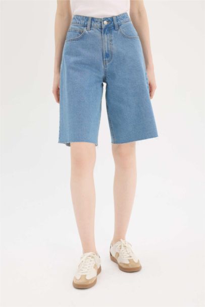 High Waist Denim Bermuda Shorts