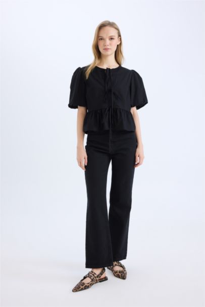 Pantalon Jean droit délavé à taille haute et longueur cheville