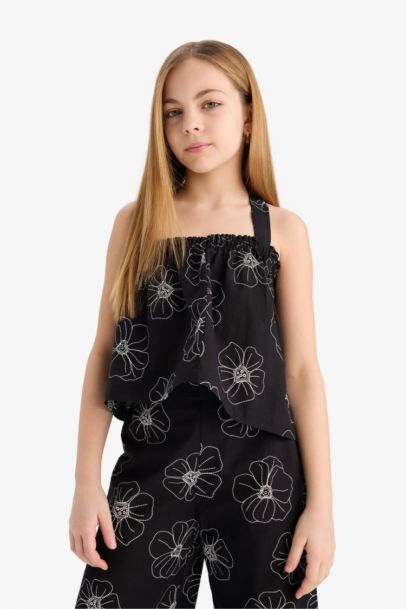 Girl Floral Suspender Linen Blouse